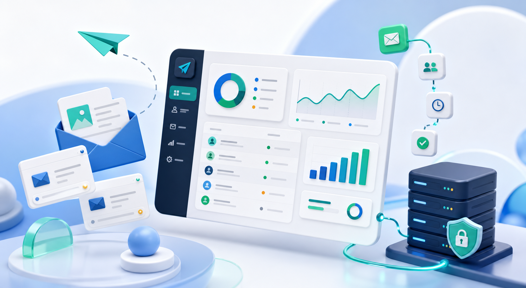 MailForge dashboard, campaign, audience, automation, and secure SMTP workflow preview